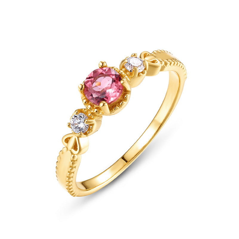 S925 Sterling Silver Gold-Plated Natural Pink Tourmaline Ring