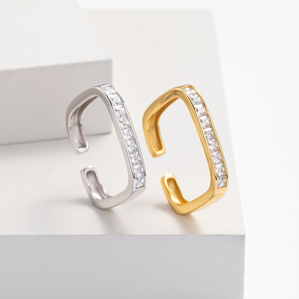 S925 sterling silver exquisite open ring set with square zircon stones