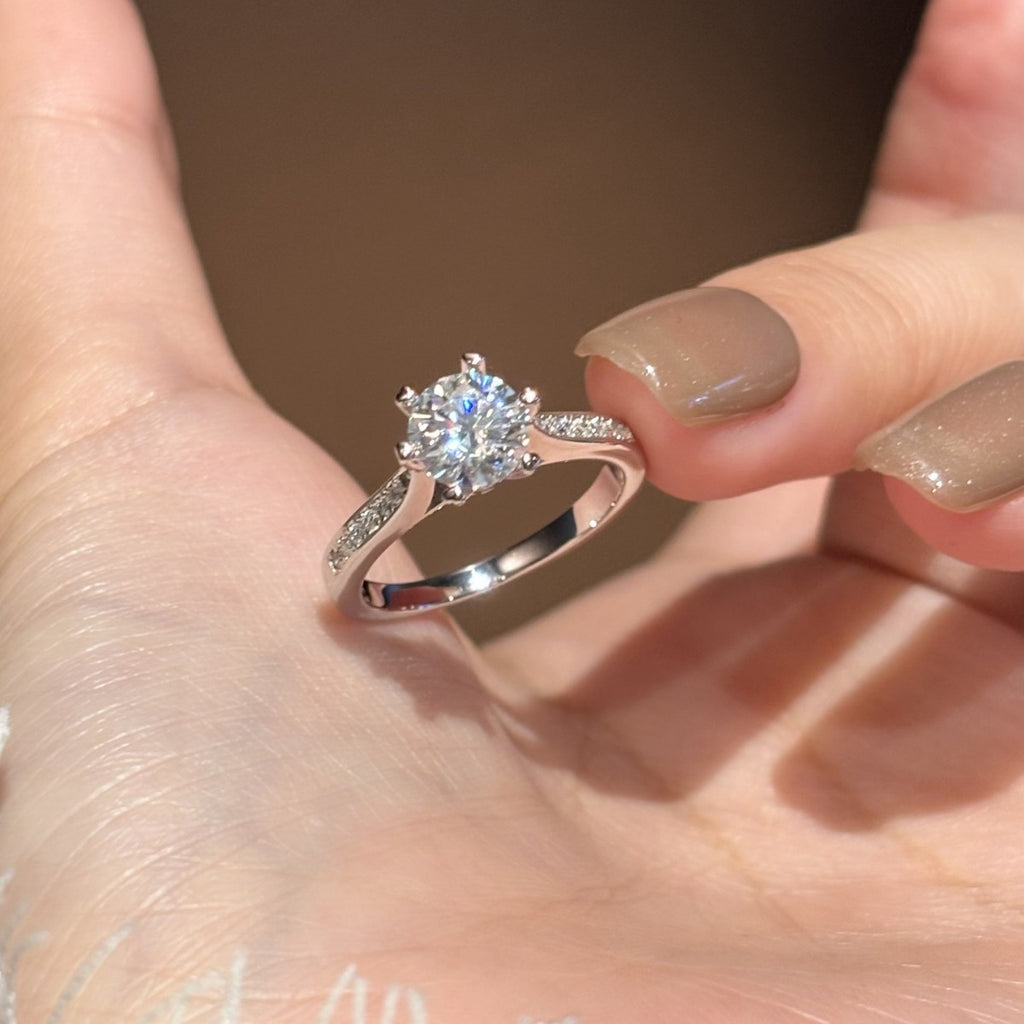 S925 Sterling Silver Six-Prong Round Colored Moissanite Ring