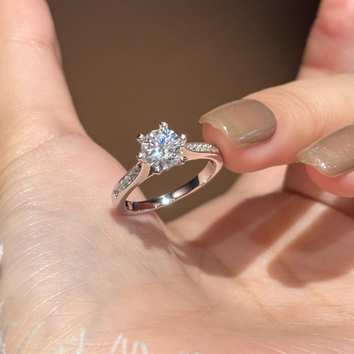 S925 Sterling Silver Six-Prong Round Colored Moissanite Ring