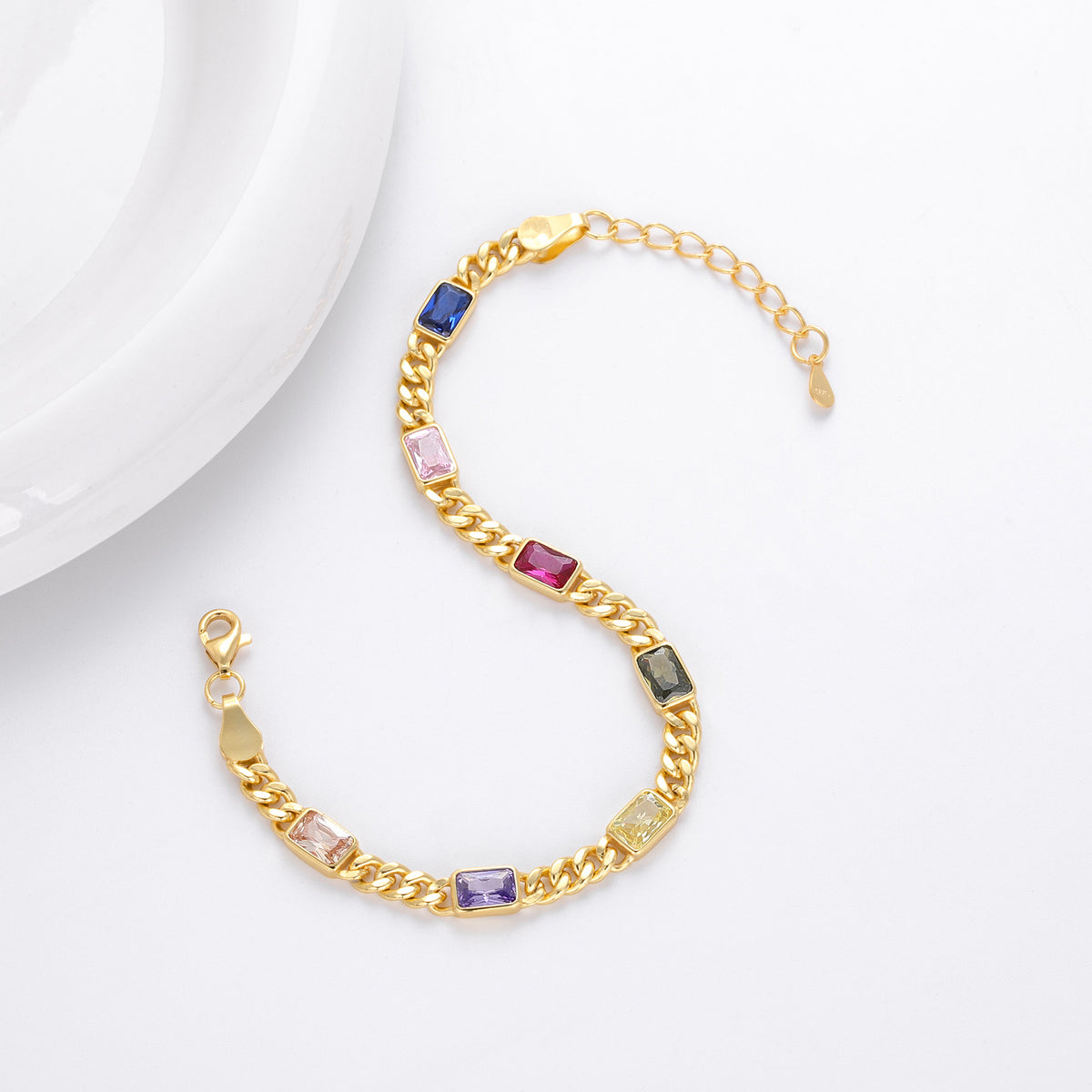 925 Sterling Silver Bracelet with Colorful Square Stones