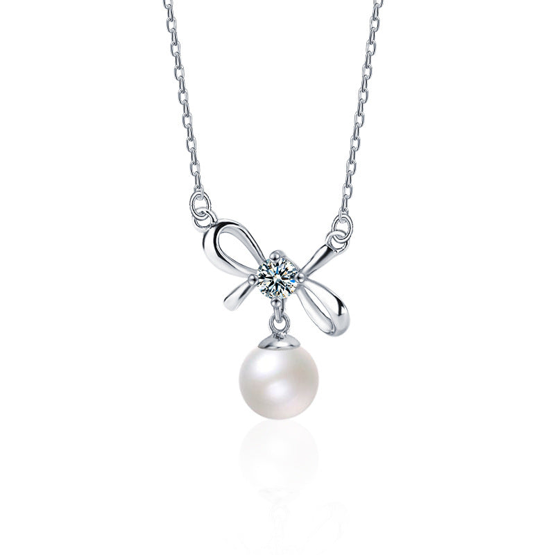 S925 Sterling Silver Moissanite Bowknot Pearl Necklace
