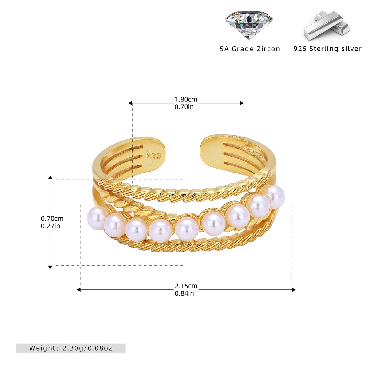 S925 Sterling Silver Elegant and Stylish Open Ring with Pearl Inlay