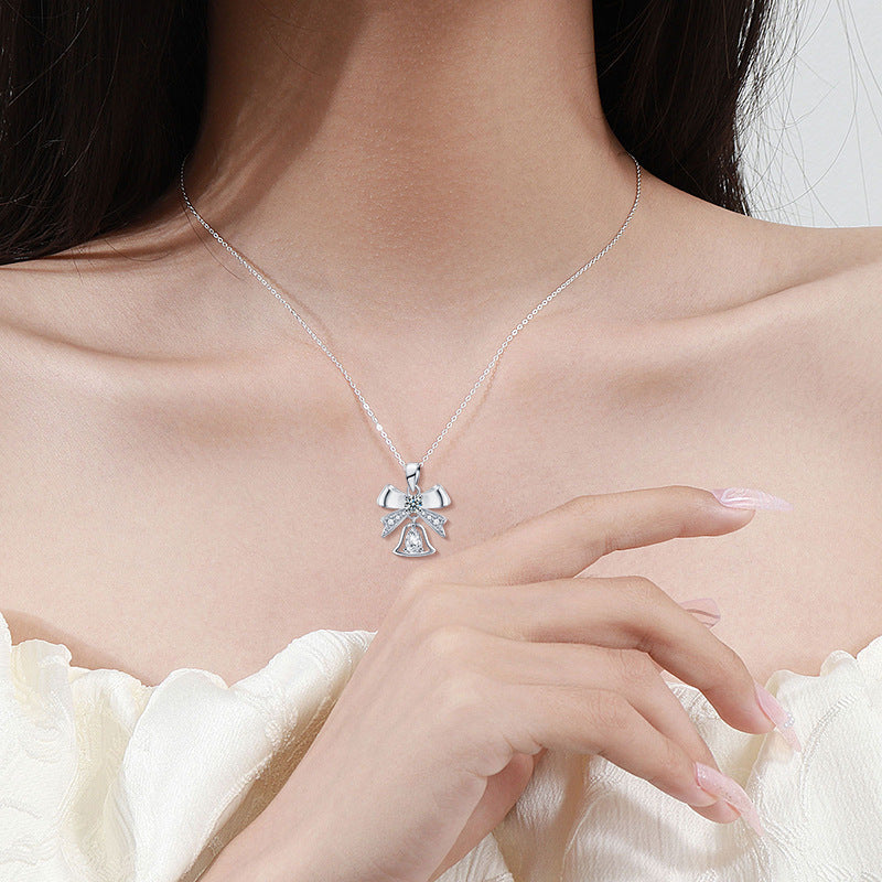 S925 Sterling Silver Moissanite Bow Bell Pendant Christmas Necklace