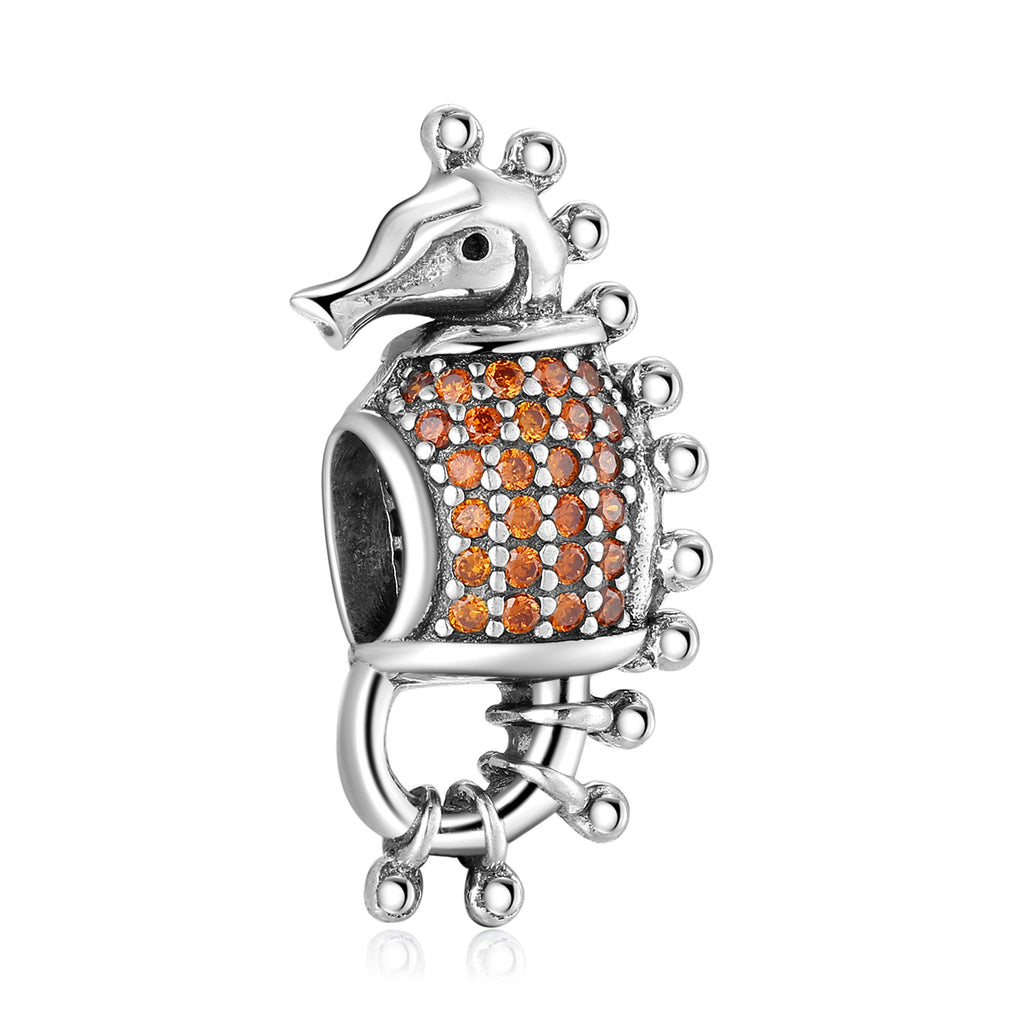 S925 Sterling Silver Seahorse Beaded Inlaid Orange Zircon Pendant