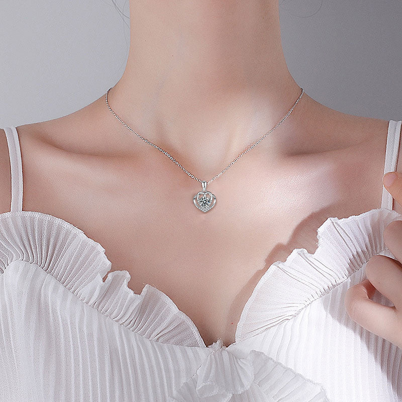 S925 Sterling Silver Moissanite Heart-to-Heart Pendant Necklace