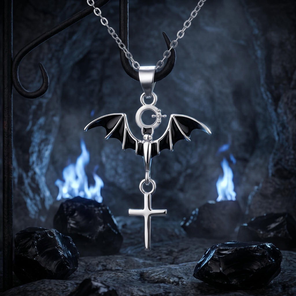 S925 Sterling Silver Halloween Bat Cross Necklace