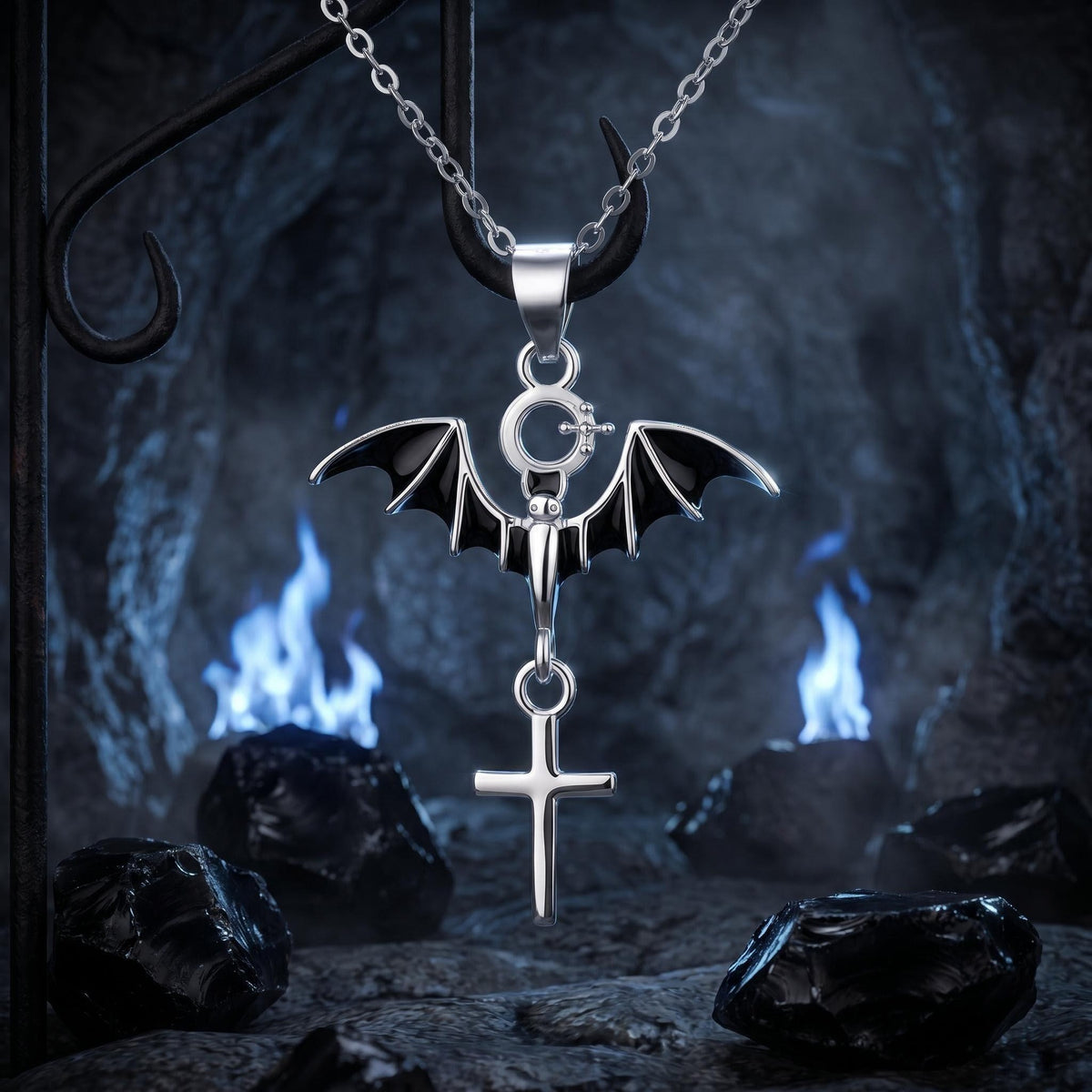 S925 Sterling Silver Halloween Bat Cross Necklace