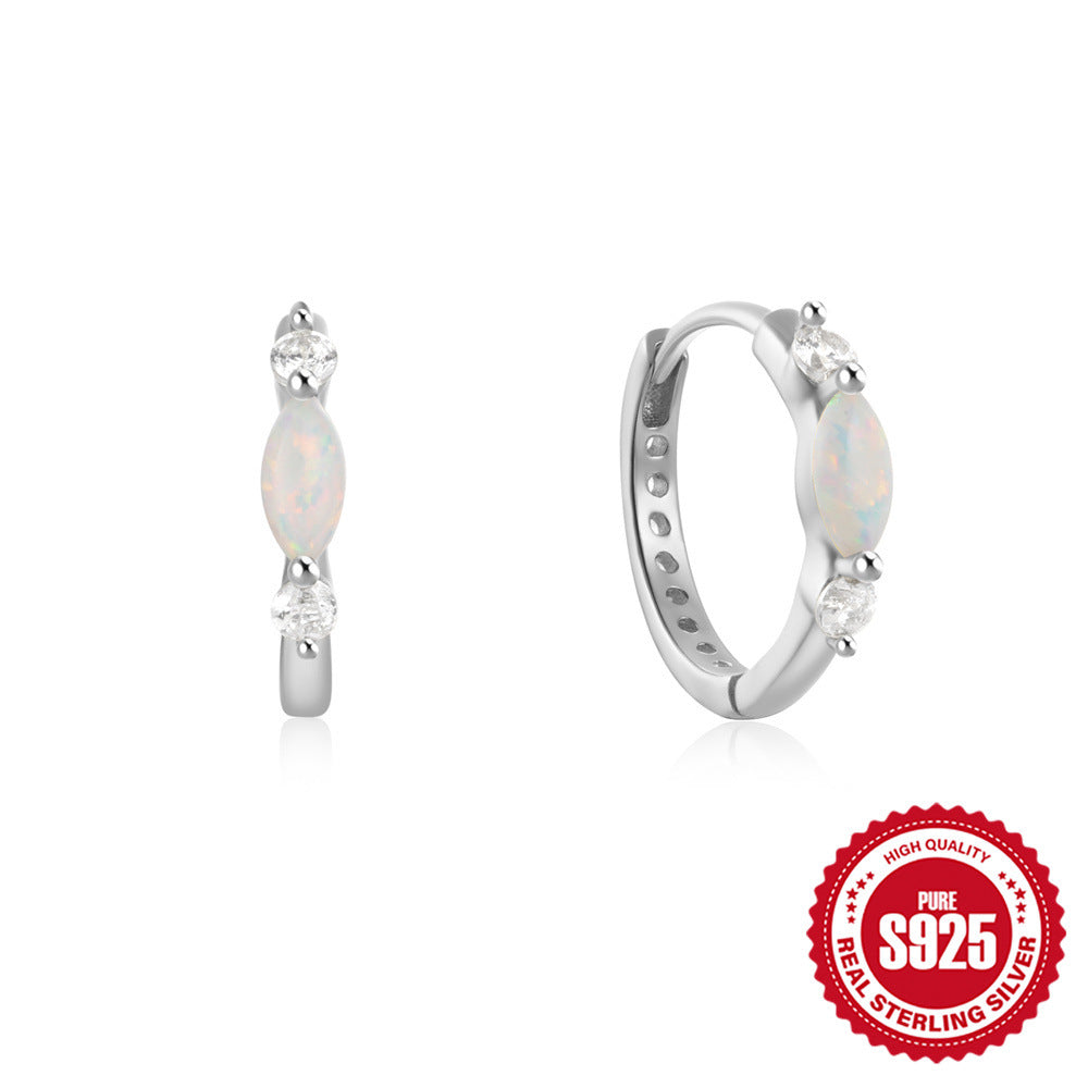S925 Sterling Silver Round Hoop Earrings with Zircon and Opal Inlay