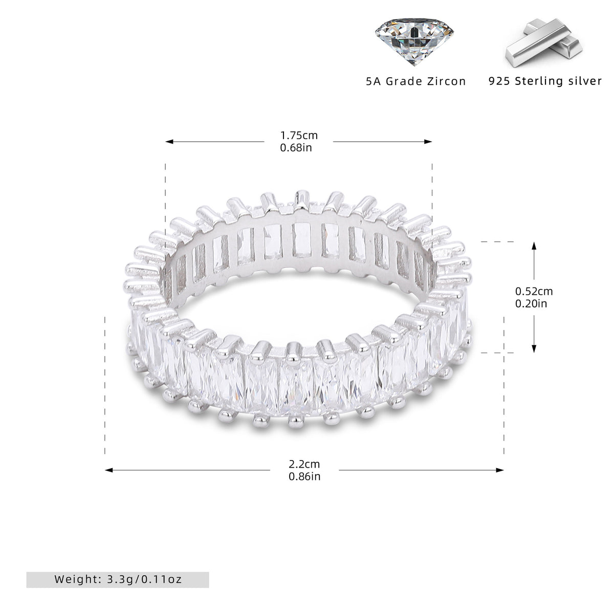 Versatile S925 sterling silver ring with rectangular zircon clusters