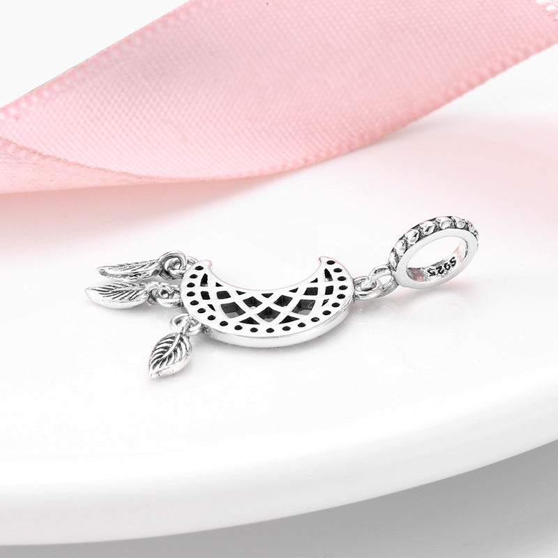 S925 Sterling Silver Moon Hollow Inlaid Zirconium Tassel Leaf Pendant