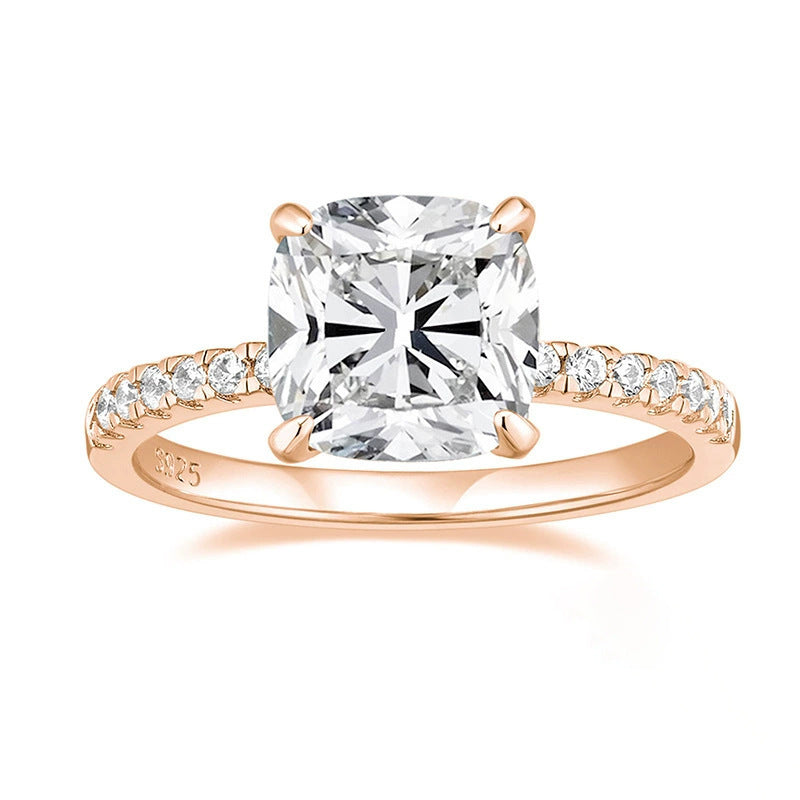 S925 silver four-claw 9 × 9 pillow 4-carat zircon ring