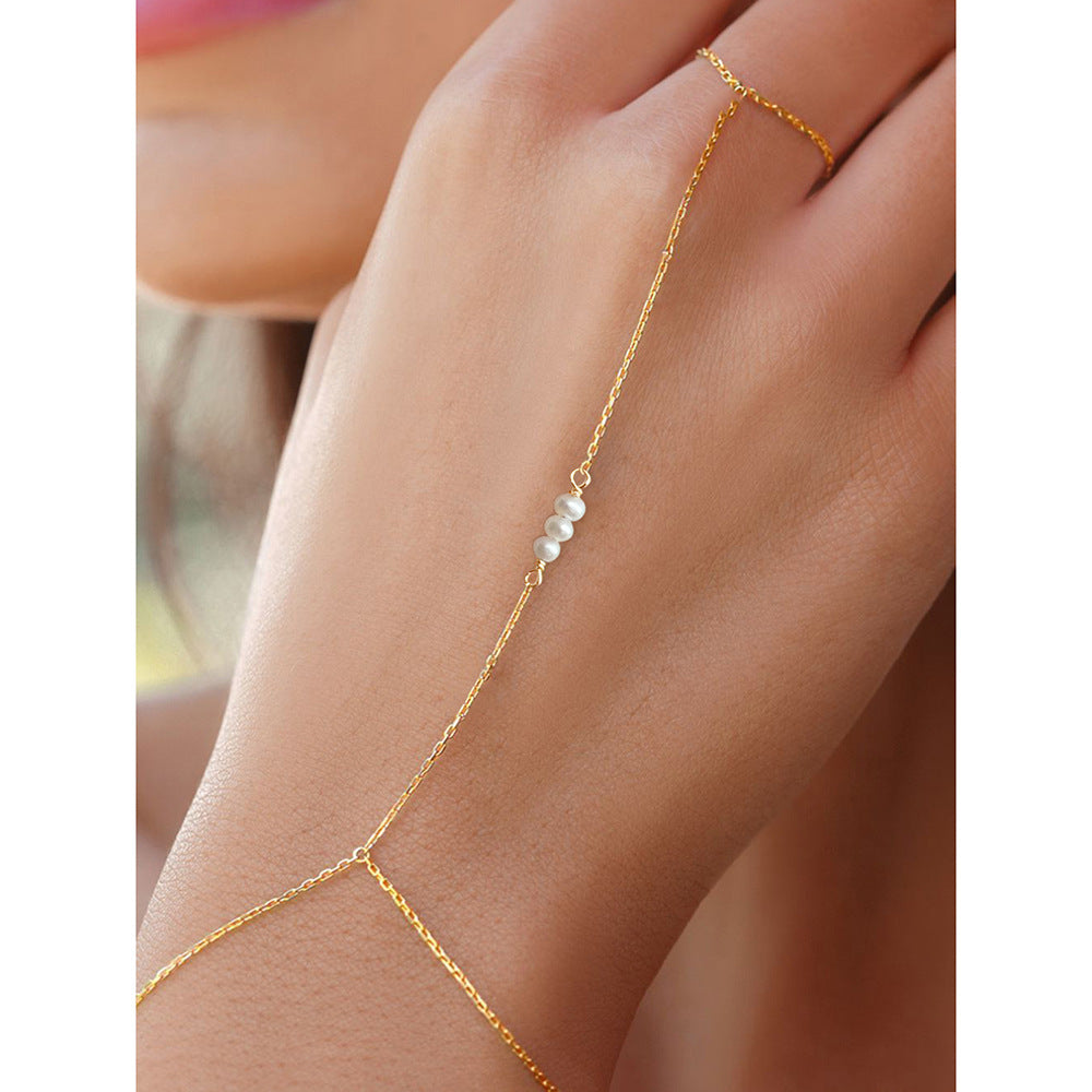 S925 Sterling Silver Natural Pearl Finger Chain Bracelet