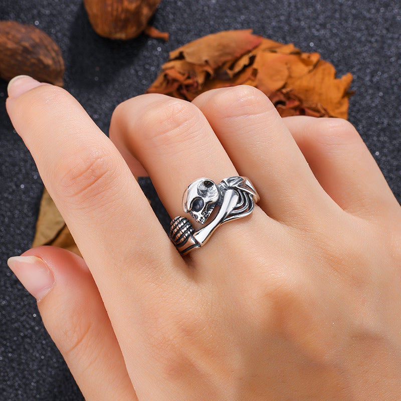 S925 Sterling Silver Halloween Distressed Skull and Skeleton Ring