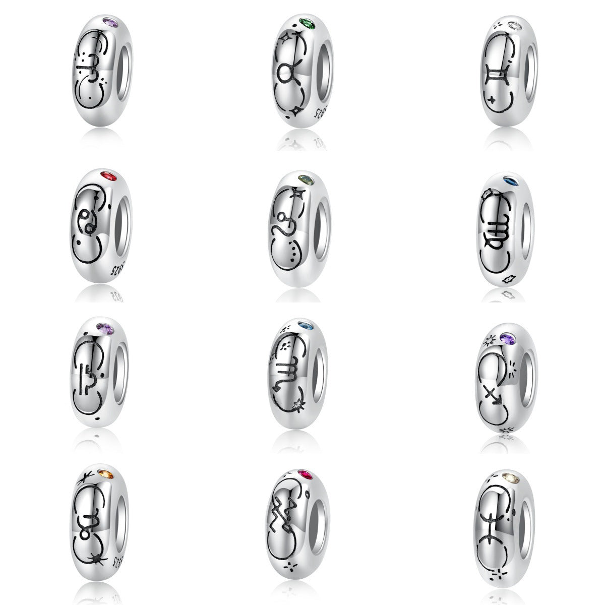 S925 Sterling Silver 12 Constellation Zircon Spacer Beads Pendant