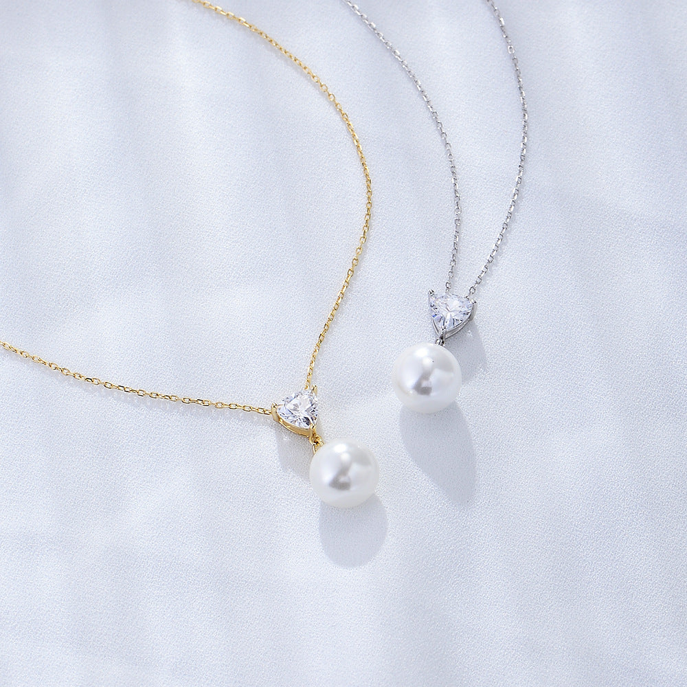 S925 Sterling Silver Heart-Shaped Zircon Pearl Necklace
