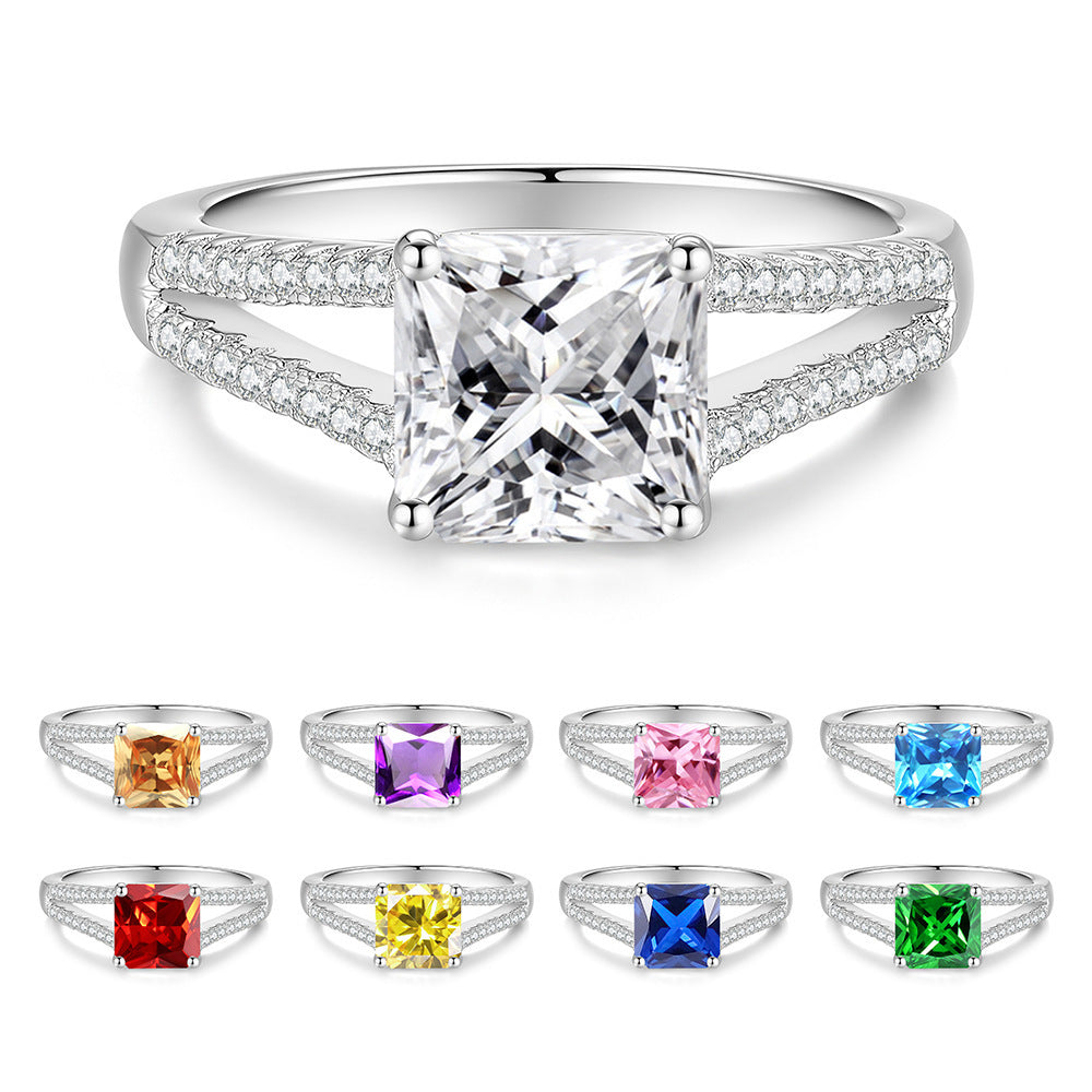 S925 Sterling Silver Square Ring with Colored Moissanite