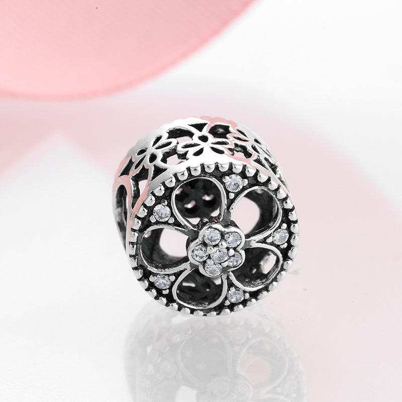 S925 Sterling Silver Hollow Zircon Inlaid Flower Bead Pendant