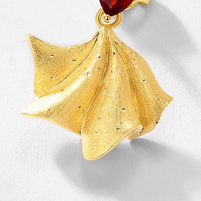 S925 Sterling Silver Gold-Plated Garnet Fan-Shaped Ginkgo Leaf Earrings