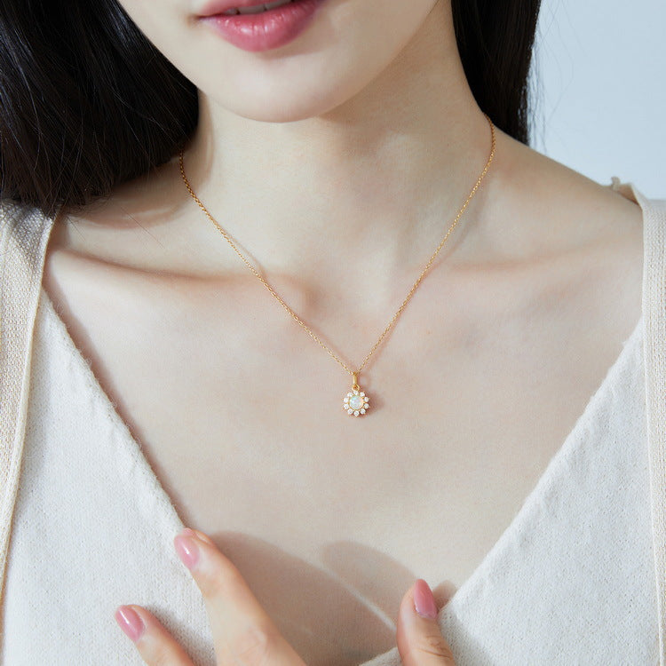 S925 Sterling Silver Sun Zircon Necklace Inlaid with Opal