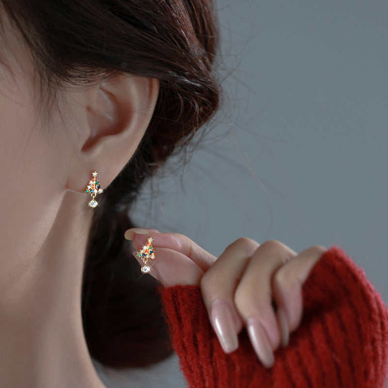 Moissanite Colorful Diamond Christmas Tree Stud Earrings — 925 Sterling Silver, Elegant Christmas Jewelry
