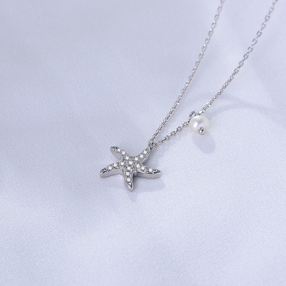 S925 Sterling Silver Zircon Inlaid Starfish Five-Pointed Star Pearl Necklace