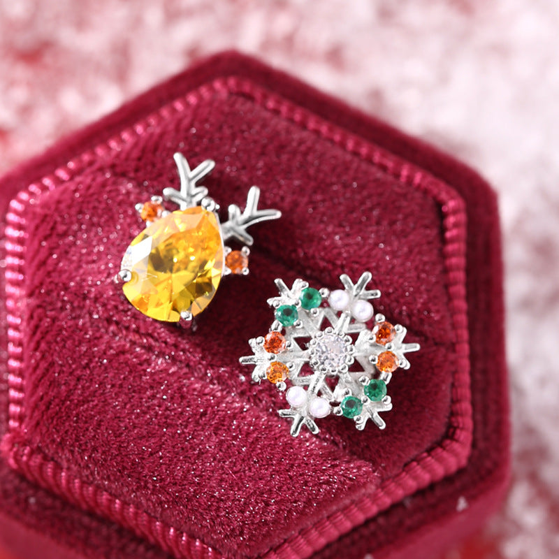 S925 Sterling Silver Christmas Snowflake and Reindeer Stud Earrings
