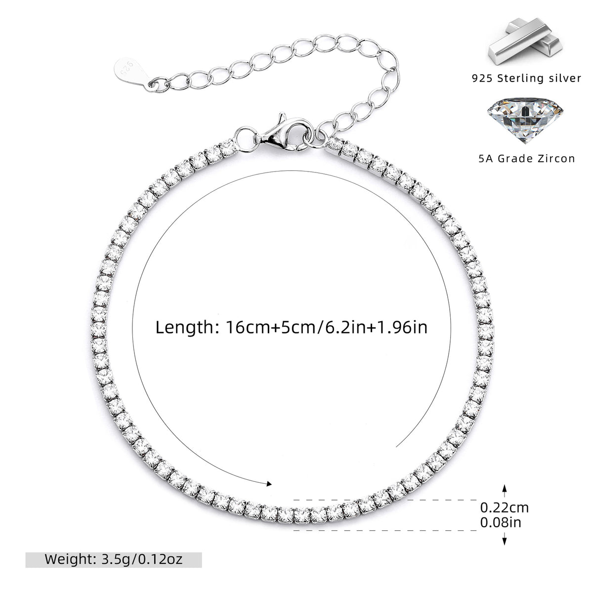 S925 Sterling Silver Four-Prong Cubic Zirconia Bracelet