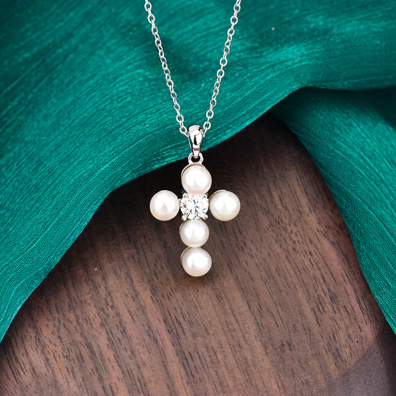 S925 Sterling Silver Moissanite Cross Pearl Pendant Necklace