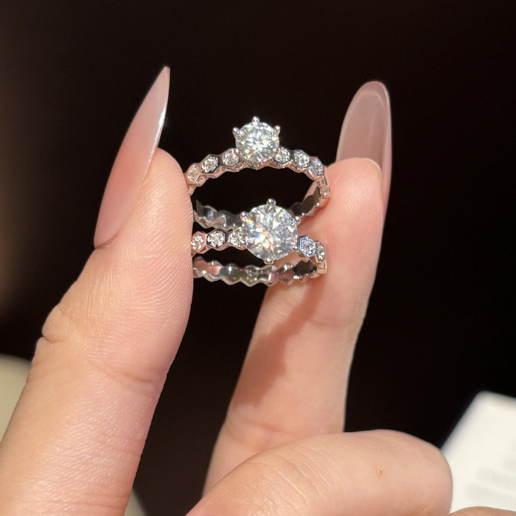 S925 Sterling Silver Moissanite Honeycomb Six-Prong Ring