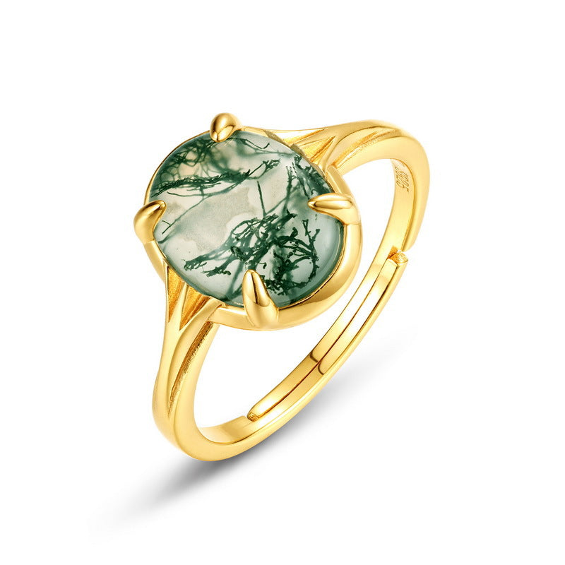 S925 Sterling Silver Gold-Plated Geometric Green Moss Ring