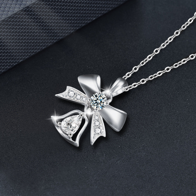 S925 Sterling Silver Moissanite Bow Bell Pendant Christmas Necklace