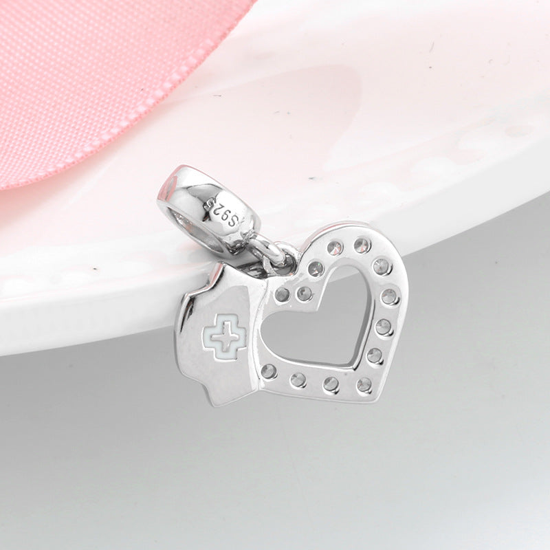 S925 Sterling Silver Heart Nurse Cap Zircon Inlaid Pendant