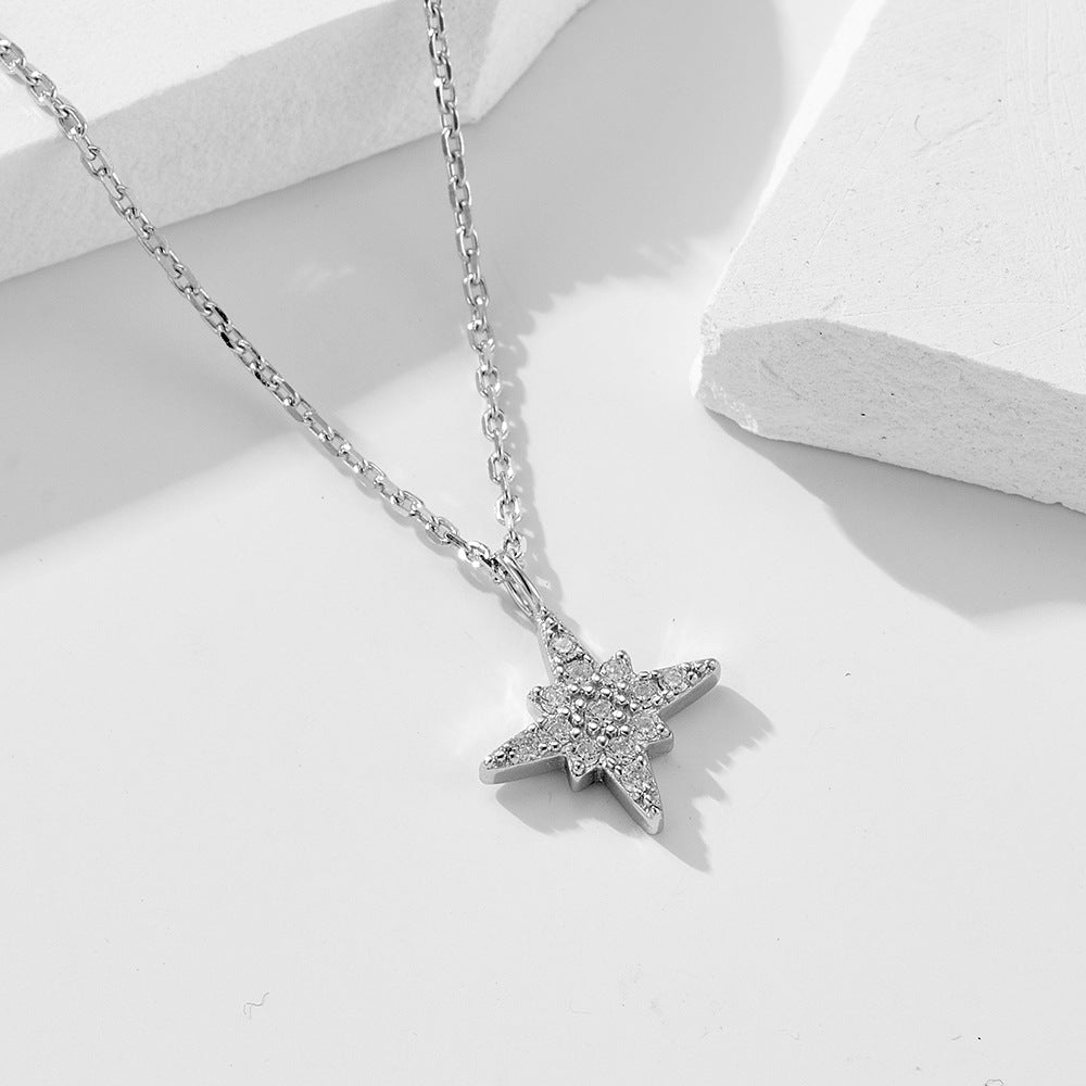 S925 Sterling Silver Full Zircon Inlaid Eight Awn Star Necklace