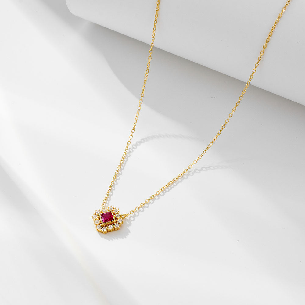 S925 Sterling Silver Geometric Square Ruby Hollow Pendant Zircon Necklace