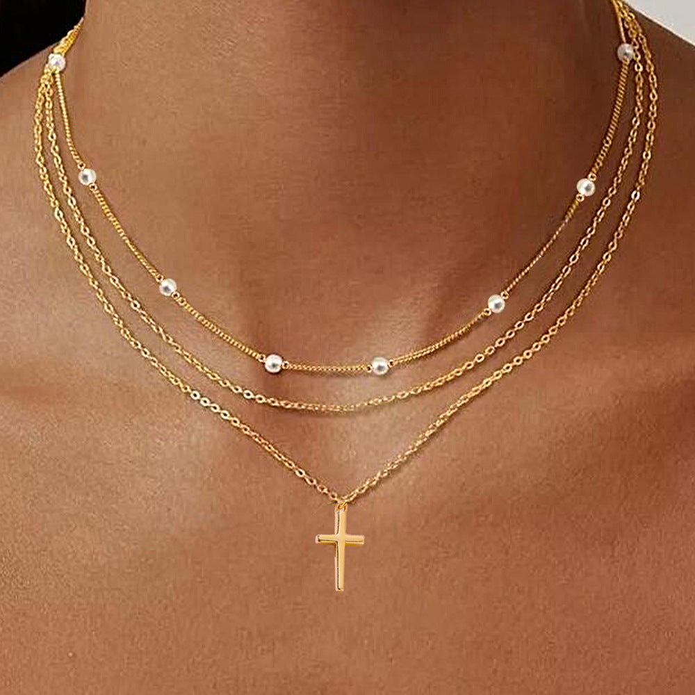 S925 Sterling Silver Vintage Pearl Cross Pendant Necklace