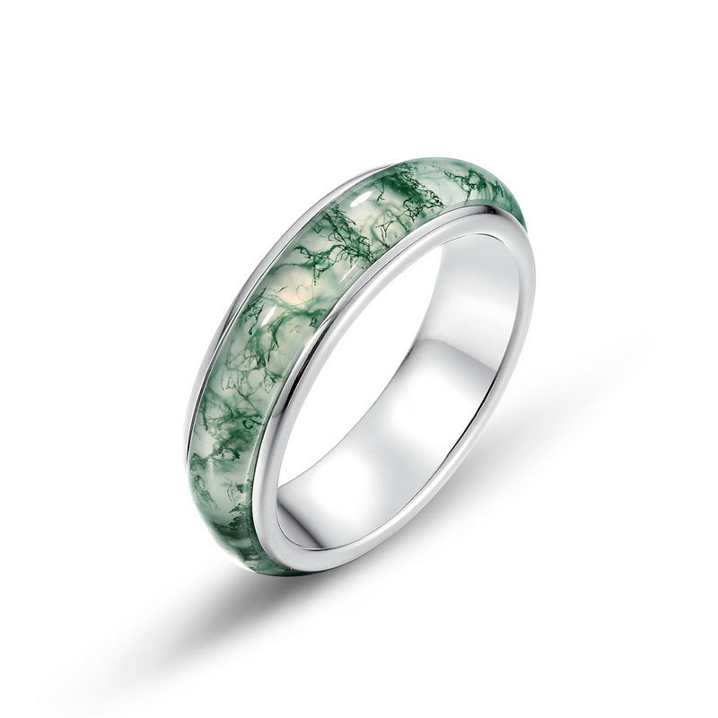 S925 Sterling Silver Ring Set with Green Moss Stone