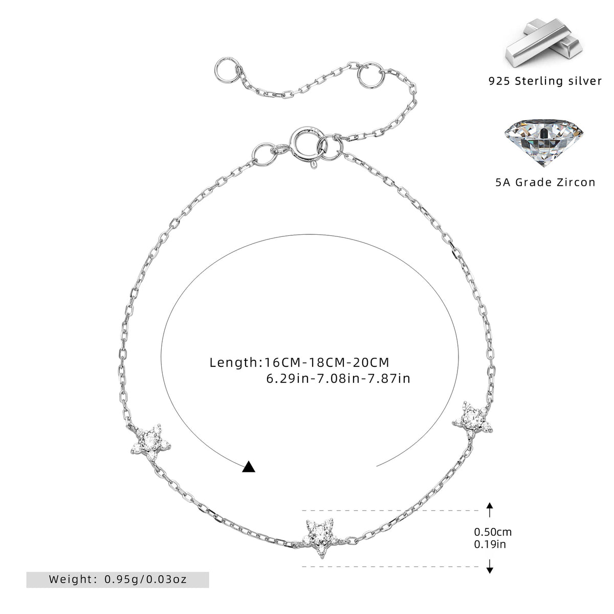 S925 Sterling Silver Pentagram Bracelet with Zirconia