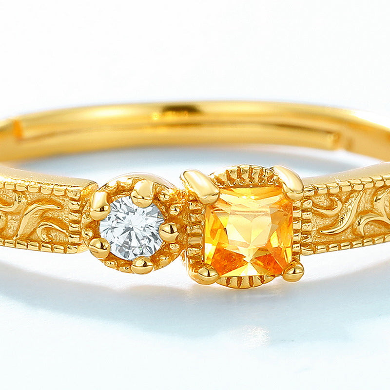 S925 Sterling Silver Gold-Plated Geometric Square Yellow Crystal Ring