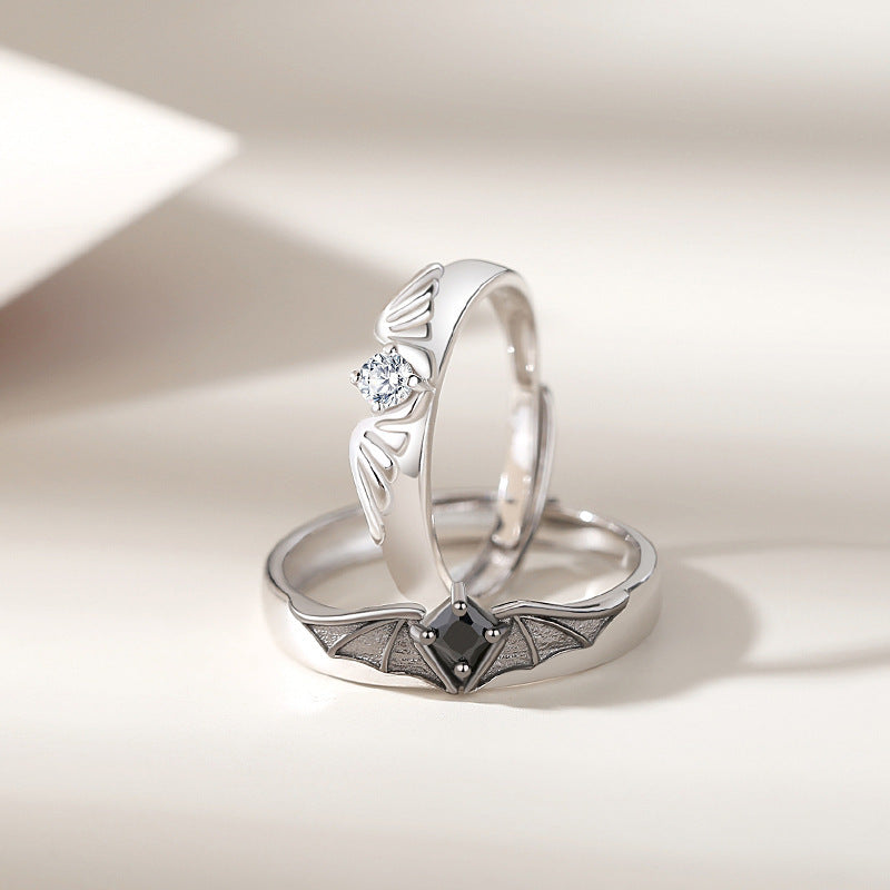 S925 Sterling Silver Halloween Angel & Devil Wing Open-Style Couple's Ring