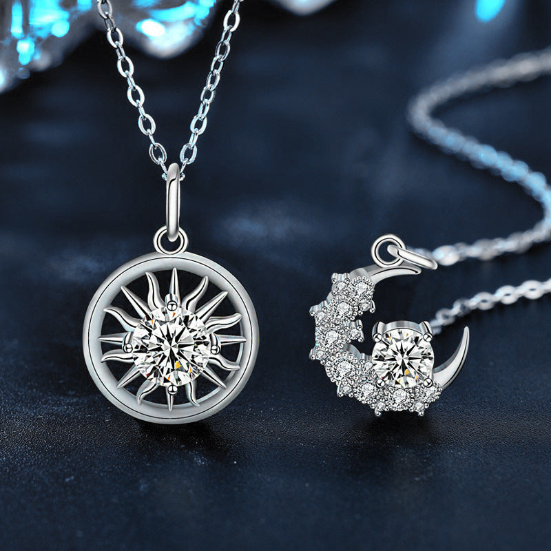 S925 Sterling Silver Moissanite Sun and Moon Lovers Pendant Necklace