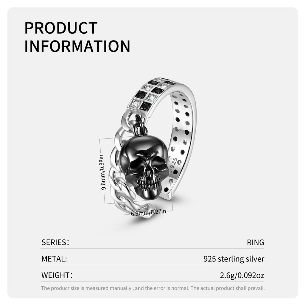 S925 Sterling Silver Halloween Black and White Mosaic Skull Open Ring