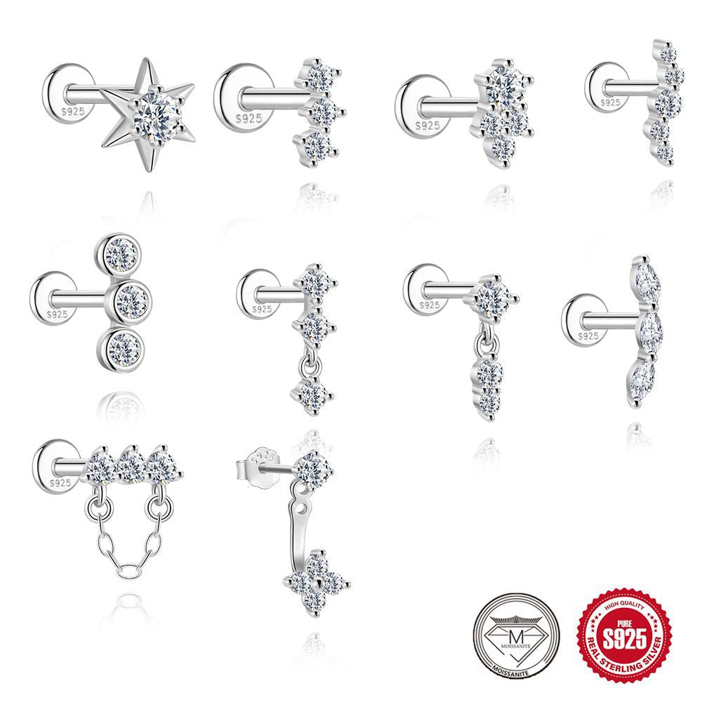 S925 Sterling Silver Moissanite Flat-Back Threaded Cartilage Stud(Single unit)