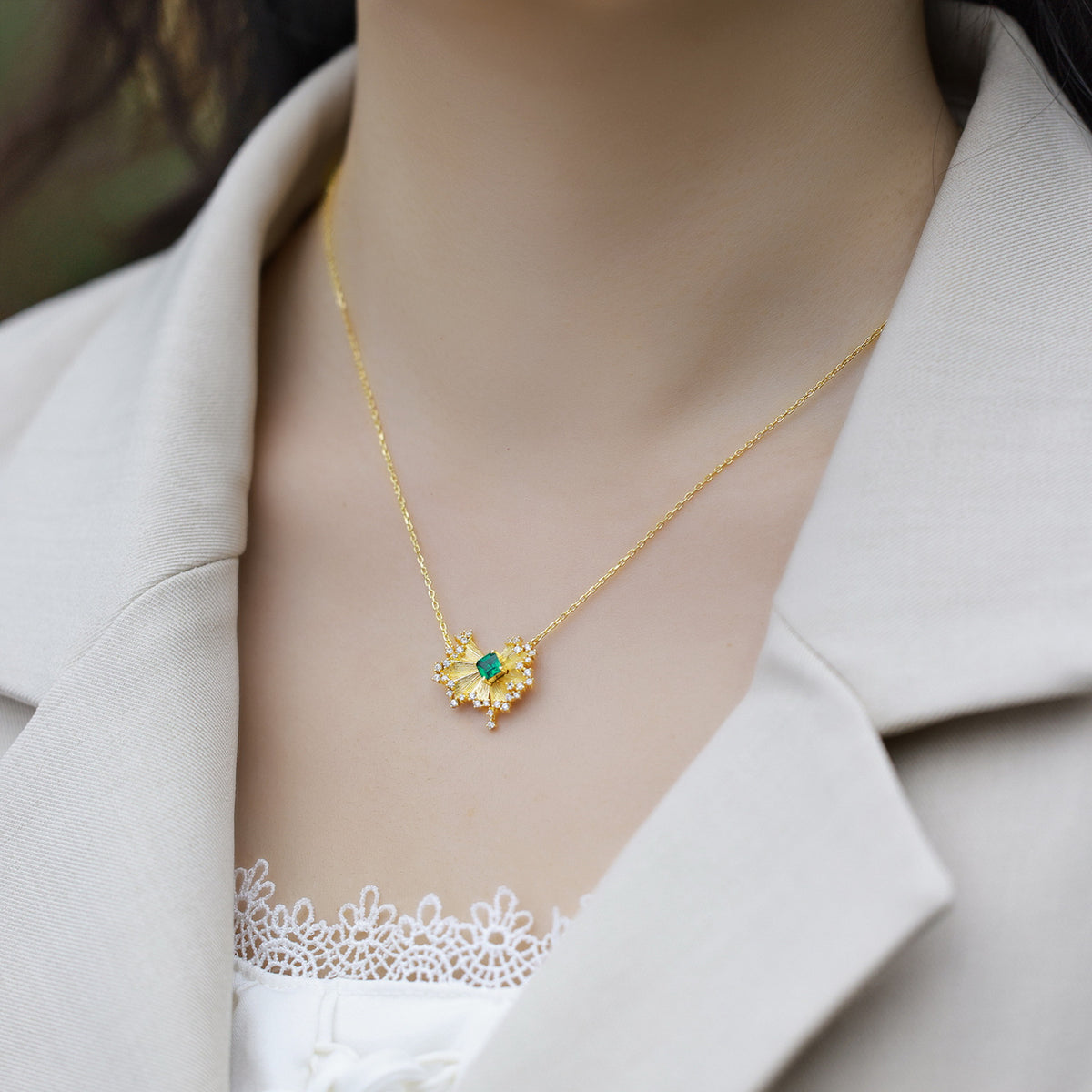 S925 Sterling Silver 10K Gold Emerald Necklace