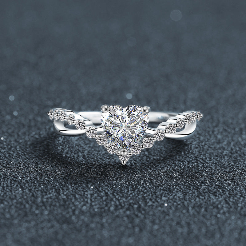 S925 Sterling Silver Heart Moissanite Diamond Accent Surround Ring