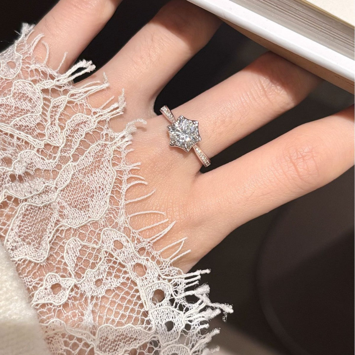 S925 Silver Hexagram Ring with Colorful Moissanite