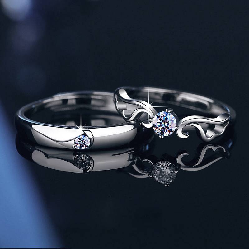 925 Sterling Silver Moissanite Angel Wing Open Couple Ring