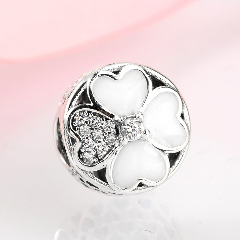 S925 Sterling Silver Round Four Leaf Clover Zircon Inlaid Bead Pendant