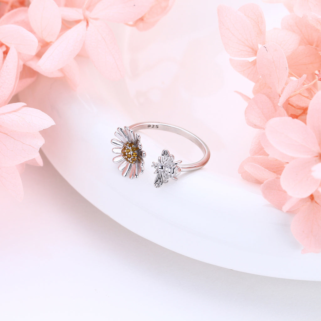 S925 Sterling Silver Creative Personalized Sunflower Bee Zirconia Ring