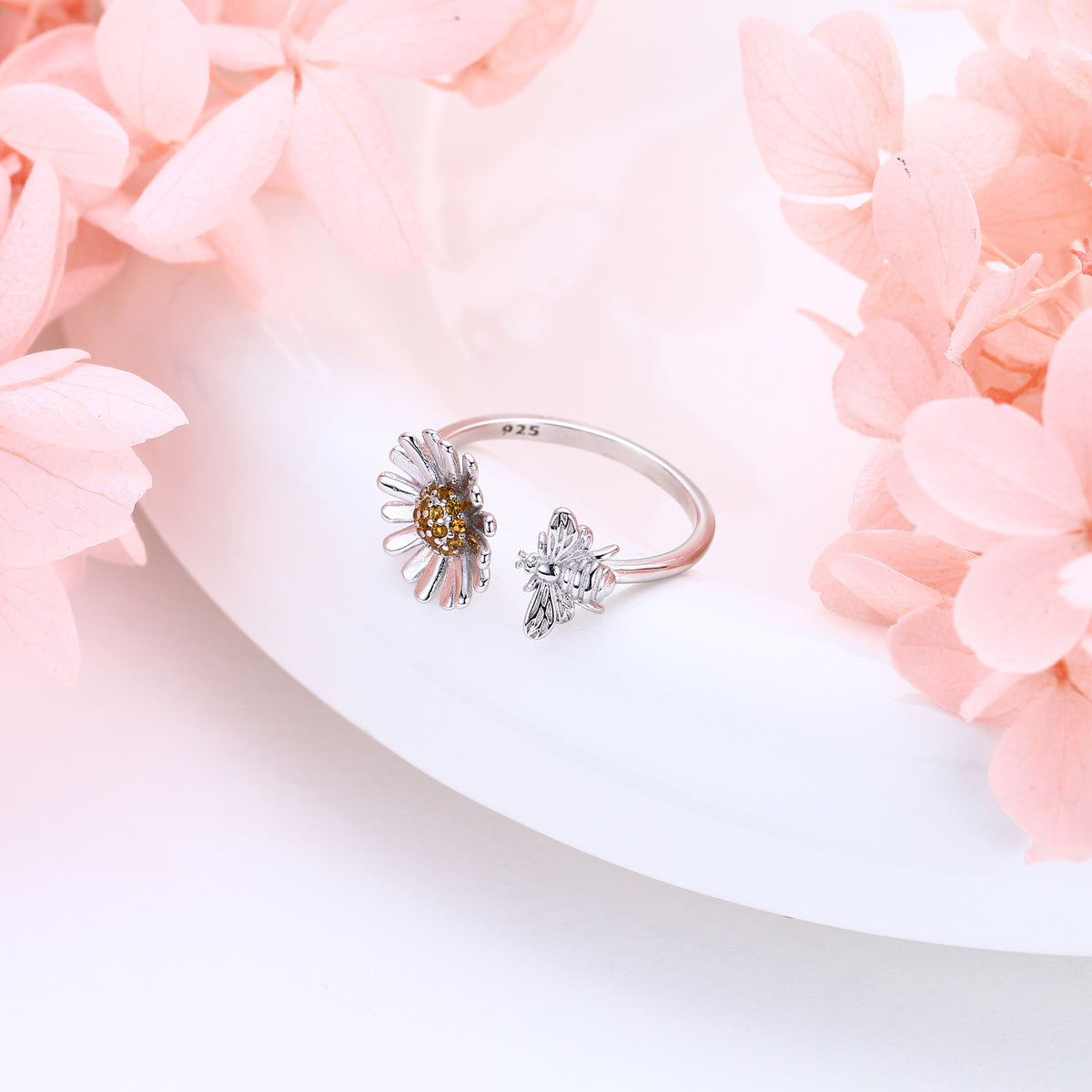 S925 Sterling Silver Creative Personalized Sunflower Bee Zirconia Ring